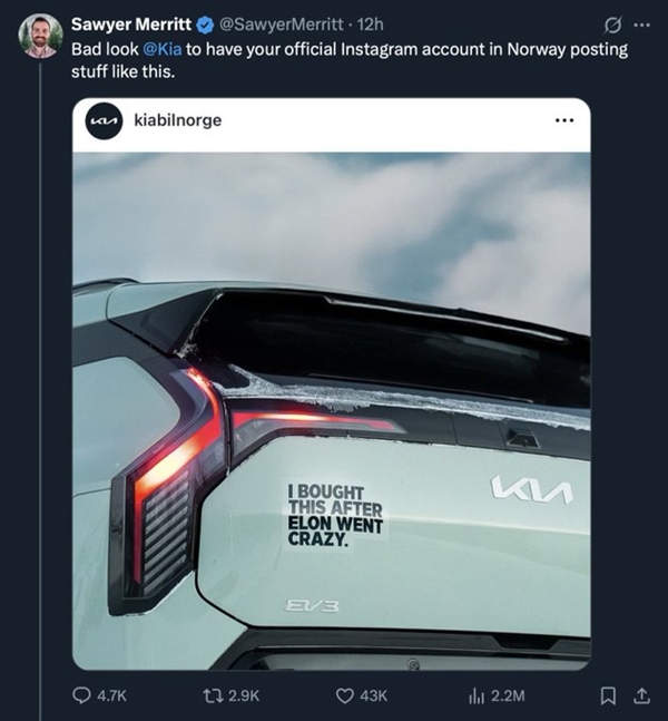 特斯拉遭同行背刺!起亚发帖称:这车是在马斯克发疯后买的